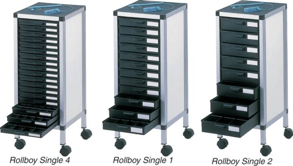 The image shows a rolling storage cabinet with ten black drawers and a rounded top surface. On top, there are two writing utensils.