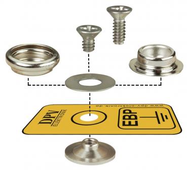 The image shows various metallic parts: screws, washers, and a cap, arranged around a yellow card with the inscription "DPV Elektronik".
