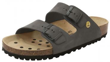 The image shows a black sandal with two adjustable straps and a beige footbed surface. The sole has small holes and a non-slip texture. Ideal for summer.