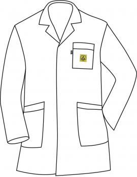 The image shows a white coat with long sleeves. It has a chest pocket on the left side and two large front pockets. The collar is classically cut.
