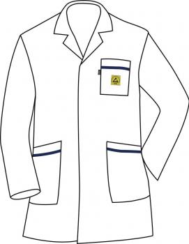 The image shows a white lab coat with a classic cut. The coat has long sleeves, a chest pocket with a yellow logo, and two side pockets.