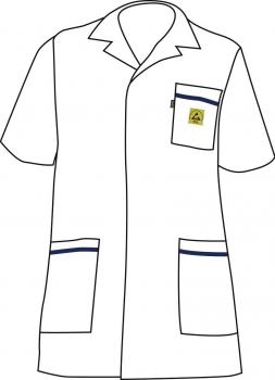 The image shows a white coat with short sleeves. It has a collar, a chest pocket, and two lower pockets, each decorated with blue lines. A yellow logo is sewn on.