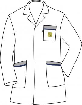 The image shows a white lab coat with a short collar. It has two patch pockets and a chest pocket with a warning symbol. The coat features gray and blue details.
