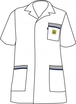 The image shows a white, short lab coat. It features a collar-style neckline, two side pockets with blue stripes, and a small breast pocket.