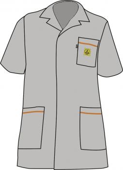 The image shows a gray coat with short sleeves. It has a collar, a chest pocket, and two front pockets. An orange line adorns the pockets. A logo is on the chest pocket.