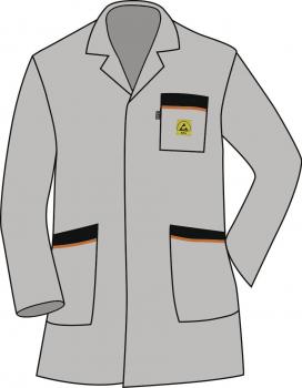 The image shows a gray lab coat with long sleeves. It has a chest pocket with a yellow symbol and two black pockets at the bottom part. The collar is classically cut.