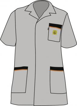 The image shows a light gray work coat with short sleeves. It has a collar, a chest pocket with a yellow logo, and two black pockets on the front.