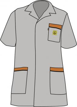 The image shows a light gray coat with short sleeves. It has a chest pocket and two large patch pockets. There is a yellow emblem on the chest pocket.
