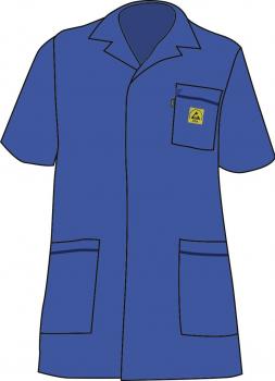 The image shows a blue coat or lab coat. It has short sleeves, a collar, and a chest pocket as well as two side pockets. The coat is designed to be simple and functional.