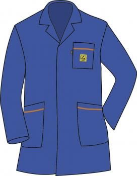 The image shows a blue lab coat with long sleeves. It has a collar, a chest pocket, and two front pockets. A small yellow tag is located on the chest pocket.