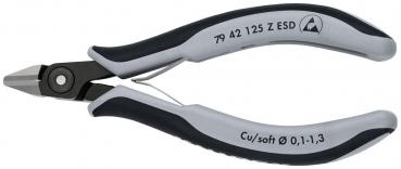 The image shows a small pair of pliers with gray handles and a metallic cutting surface. It is ergonomically designed and has an ESD marking. Ideal for precise cutting.