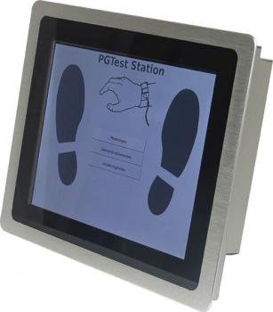 The image displays a touch-sensitive screen with a metallic frame. It shows two footprints and a hand symbol. Below are three text-based options.