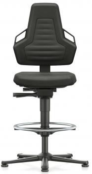 The chair is height-adjustable with a padded seat and backrest. It has armrests and stands on a sturdy base with five casters for mobility.