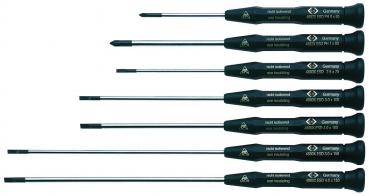 The image shows a series of black screwdrivers in various sizes, arranged from left to right. Each has a long, thin metal shaft and an ergonomic handle.