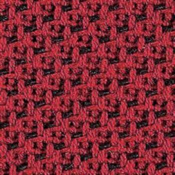 Das Bild zeigt eine strukturierte Stoffoberfläche in einem tiefen Rotton mit feinen schwarzen Fäden, die ein regelmäßiges Muster bilden. Die Textur wirkt dicht und stabil.