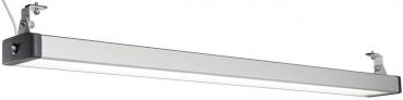 The image shows a long, rectangular LED light in silver with brackets on the sides. It appears modern and is suitable for ceiling installation or wall mounting.