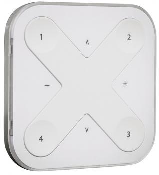 The image shows a square, white control unit with four buttons: 1, 2, 3, 4 in the corners and symbols for up, down, plus, and minus in the center.