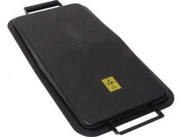 The image shows a rectangular, black plate with two handles on the sides. On the surface, there is a yellow warning symbol. The plate appears sturdy and flat.