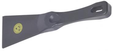 The image shows a narrow spatula with a flat, broad end and a long, ergonomic handle. The handle has a hole for hanging. The color is predominantly dark gray.