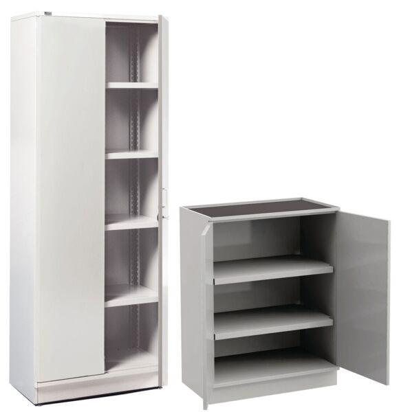 The cabinet is gray, rectangular, and has an open door on the right side. Inside, three shelves are visible, providing ample space.