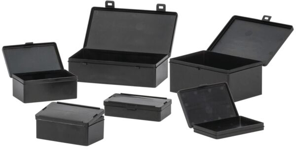 The image shows a rectangular, black case that is open. It has a smooth surface and many small indentations inside. It appears simple and functional.
