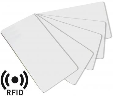 The image shows five thin, rectangular cards lying next to each other. In the bottom left, there is an RFID (radio waves) symbol depicted, showing wavy lines.