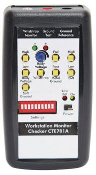 The image displays a device with a black casing and a labeled screen. There are buttons and LEDs to indicate statuses like 