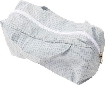 The bag is oval, made of light, light blue material with a checkered pattern. It has a white zipper and two small handles on the sides. Ideal for pens or cosmetics.