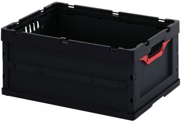 The black plastic container has open sides with air holes and a red handle opening on one side. It is sturdy and has a rectangular shape, suitable for storage or transport.