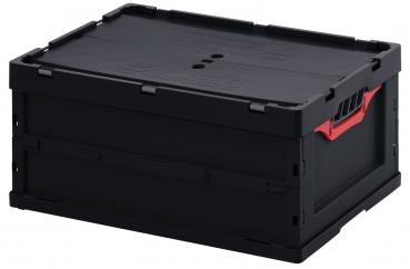 In the picture, there is a black plastic box. It has a rectangular body with a flat lid. On the side, there is a red handle for carrying.