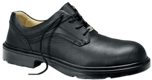 The shoe is a black, lace-up half shoe made of smooth leather. It has a round toe area, a flat sole with a slight profile, and is designed simply but elegantly.