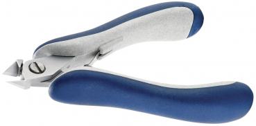 The image shows a nail clipper. It has a curved shape with blue, ergonomic handles and a metallic cutting edge at the tip. The clipper is designed for precise cutting.