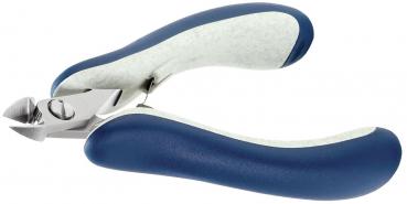 The image shows a nail clipper with ergonomic handles. The handles are blue and white, while the blade is made of shiny metal. The clipper has a curved shape for better grip.