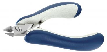 In the picture, there is a nail scissors. It features curved, metallic blades and ergonomic, grippy plastic levers in blue and white. Ideal for precise cutting.