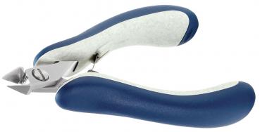 The image shows a nail or claw clipper made of metal with ergonomic, blue handles. The blades are sharp and shaped to enable precise cuts.