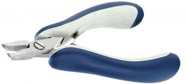 A nail clipper with blue, rubberized handles and a silver blade. The blades are slightly curved and the design is ergonomically shaped for a comfortable grip.