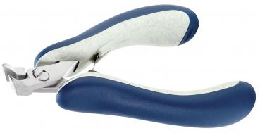 This is a nail clipper with ergonomically shaped handles. The handles are blue and partially softly padded. The cutting blade is made of metal and sharp.