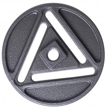 The image shows a round weight plate made of dark metal. There is a hole in the center to place it on a rod. The design features triangular and straight cutouts.