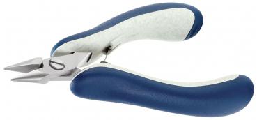 The image displays a side view of a pair of pliers with a stainless steel tip and ergonomically designed blue handles. The handles are covered with a soft surface and are slightly curved.