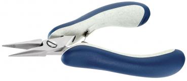 The image shows a pair of pliers with pointed, narrow jaws and ergonomic, blue handles. The pliers are open and have a shiny metal surface.