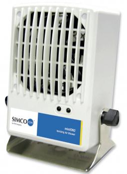 The image shows a small, white humidifier with a front ventilation grille. On the front, there is a blue-and-white logo and two control lights.