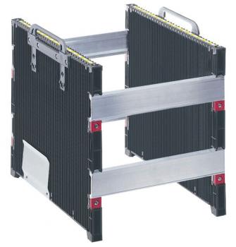 The image displays a foldable, square suitcase or container with smooth, black walls and gray aluminum frames. It has two handle recesses and can be used for storage.