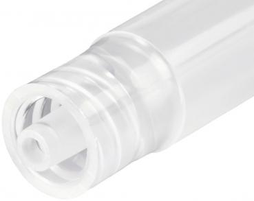 The image shows the end of a white, transparent container. It has a round opening and a rotating mechanism, presumably used for dispensing content.