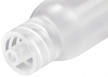 The image shows the top part of a clear plastic bottle with a narrow spout. The cap has a round, wavy structure and a small slot in the center.