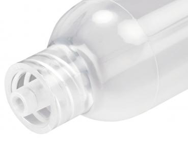 The image shows the upper part of a transparent plastic bottle. The neck of the bottle has a screw thread, and the opening is equipped with a thin, round attachment.
