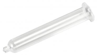 The image depicts a clear, cylindrical glass tube with an open end and a wide base. It is elongated and features a smooth, transparent body.