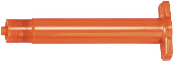 Das Bild zeigt das Ende eines orangefarbenen Markers. Die Oberfläche ist glatt und glänzend. Der Marker hat eine runde Form mit einem stabilen, leicht gewölbten Ende.