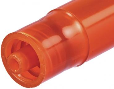 The image shows an orange marker. The body of the marker is elongated and has a smooth surface. The tip is round and also orange, with an opening in the middle.