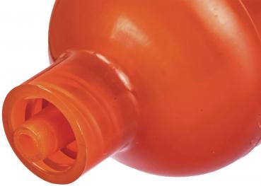 The image shows an orange, round container with a straight neck. The neck is hollow and has an opening that tapers towards the end. The surface is smooth and shiny.