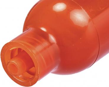 The image shows the upper part of an orange bottle. It has a round shape and a narrow, open neck that tapers slightly at the top.